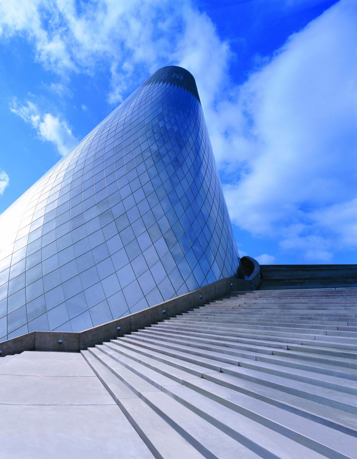 Image of an iconic steel cone that houses the museum