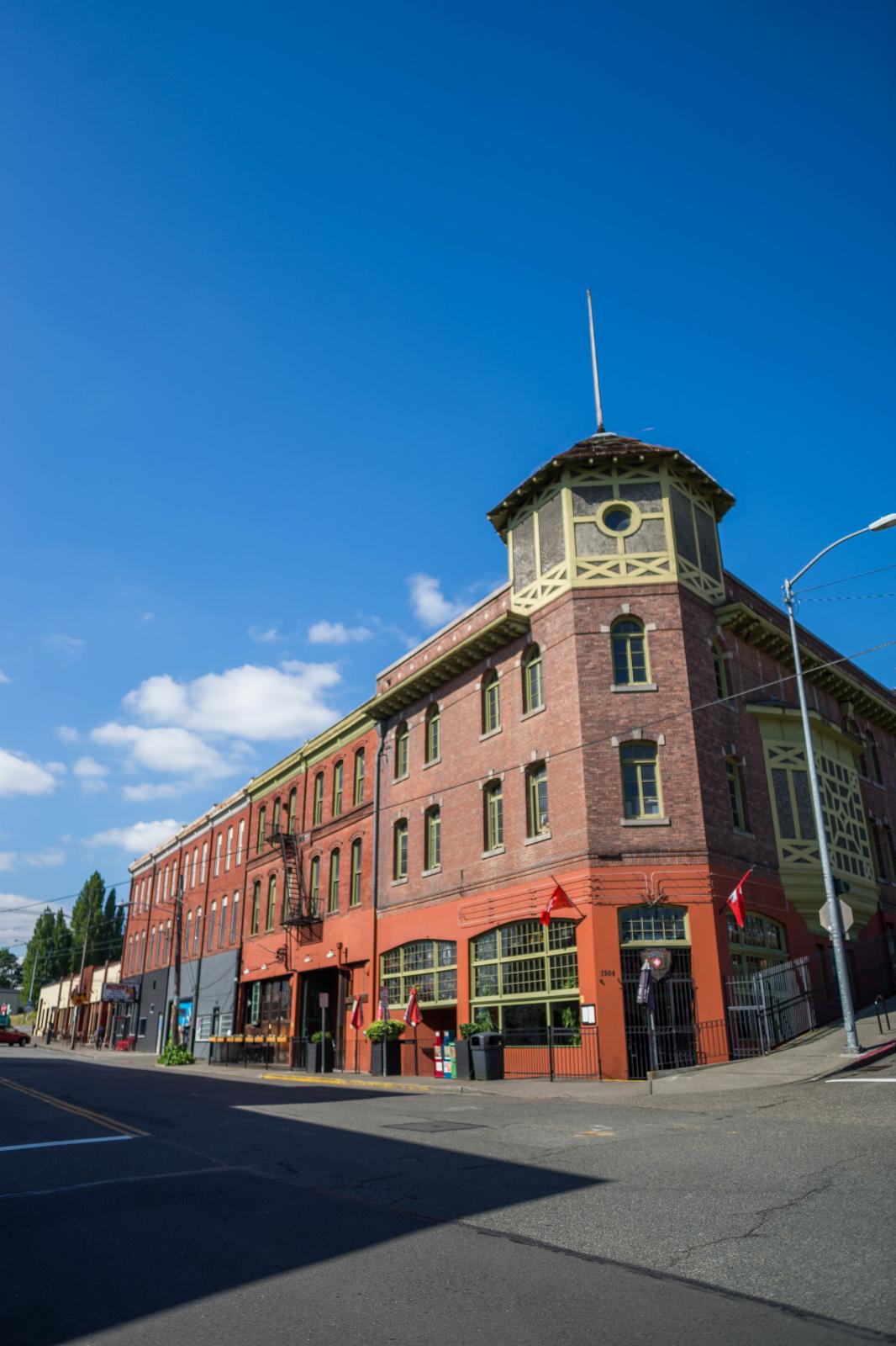 The front of the Swiss Hall on the corner of 19th and Jefferson, showing the building