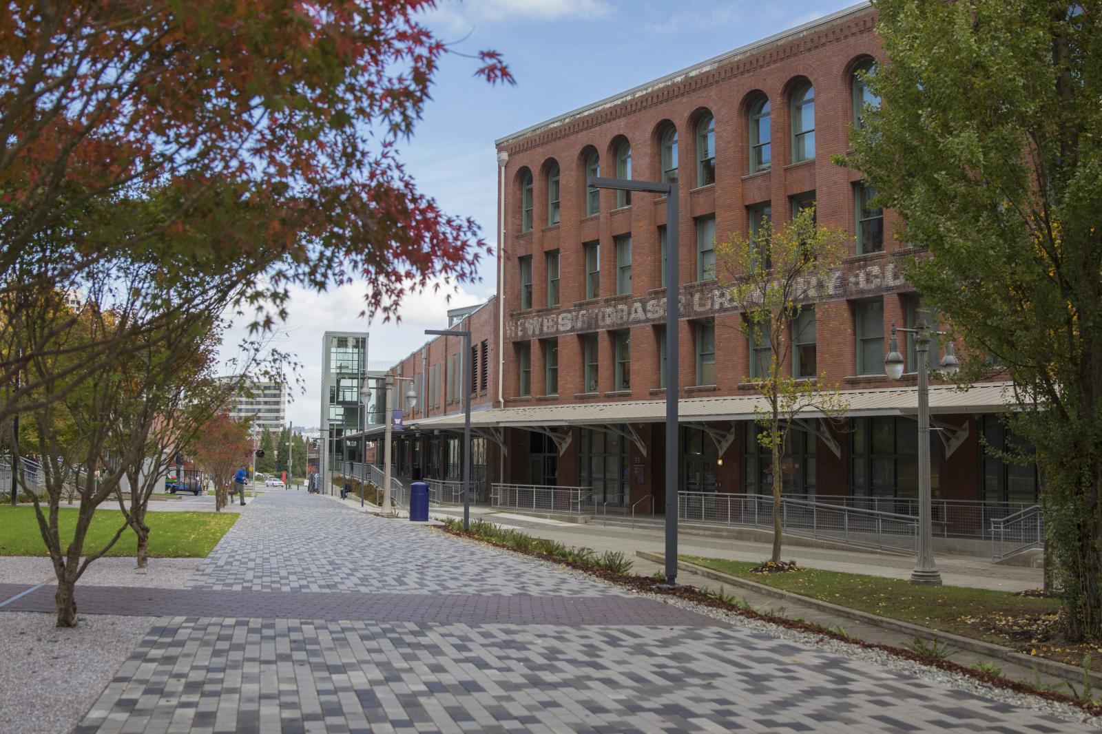 West Coast Grocery, an academic building on the UW Tacoma campus, showing its location on the Prairie Line Trail 