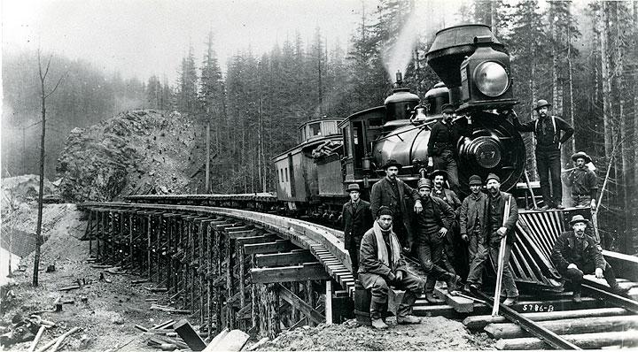 Workers earned an average of $1 a day building NPRR’s Cascade Branch (Photo ca. 1885, Stampede Tunnel Line, used with permission from Washington State Historical Society).