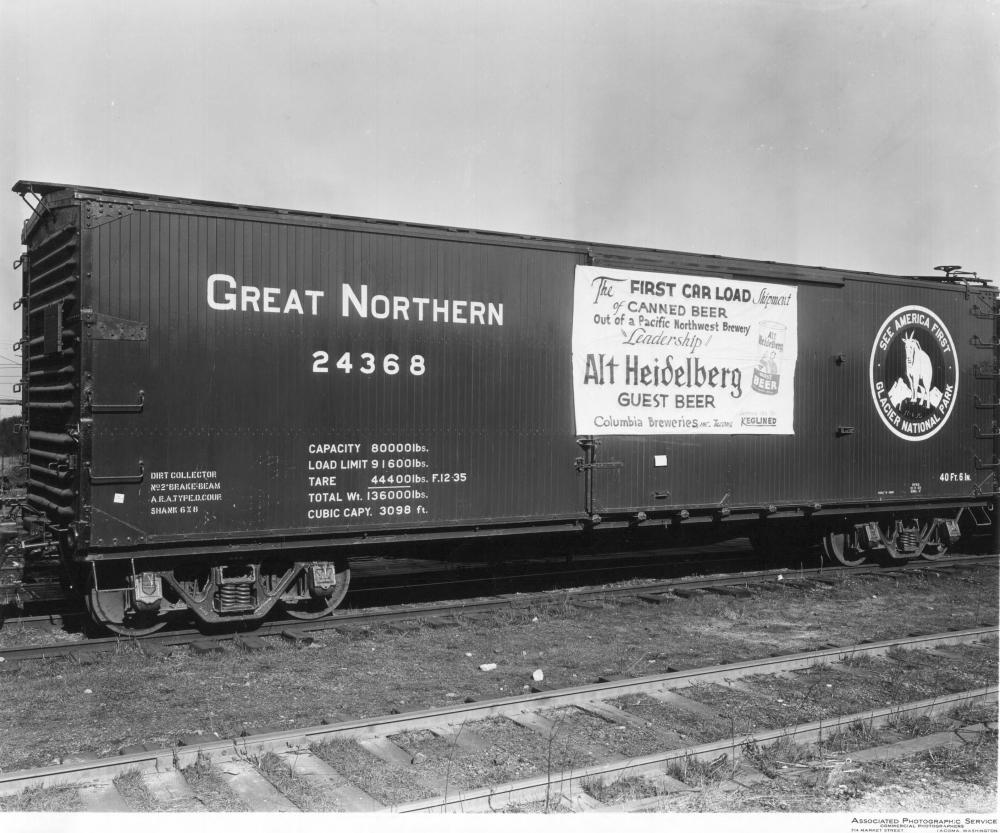 A train car advertising Heidelberg as the first purveyor of canned beer in Washington, Idaho, Oregon, and Alaska