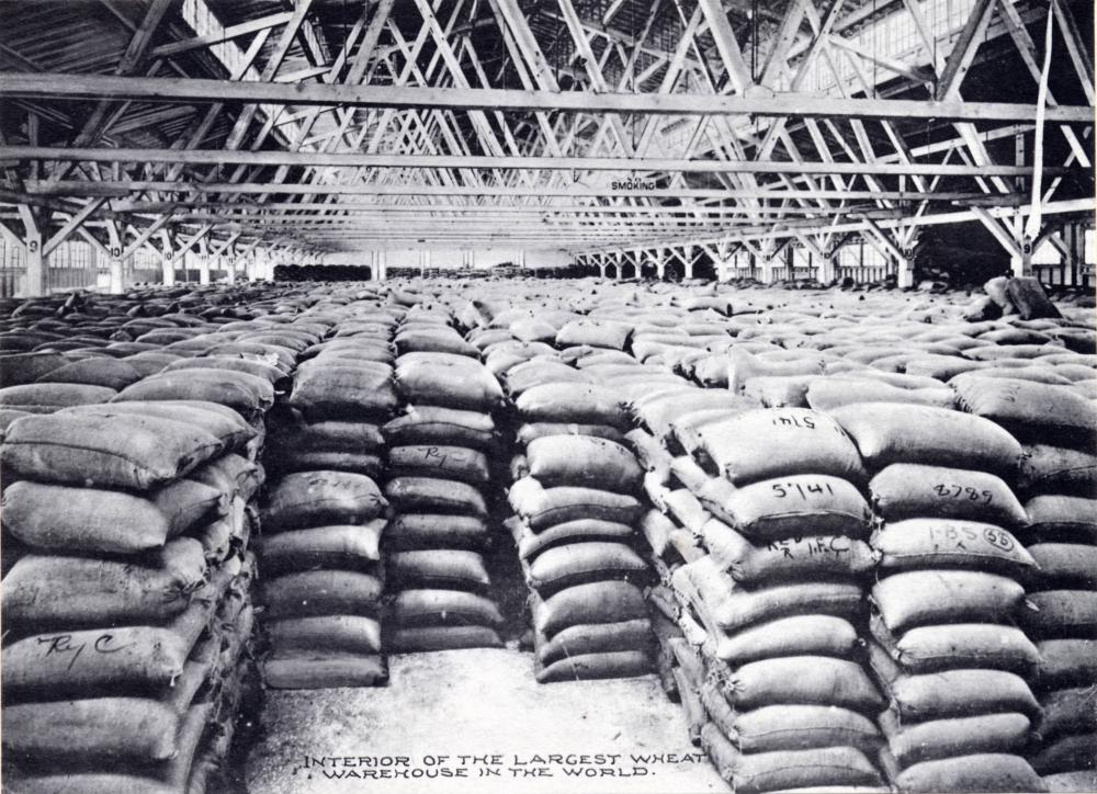 Inside the Balfour Dock Building, the &quot;largest wheat warehouse in the world,&quot; ca. 1907.